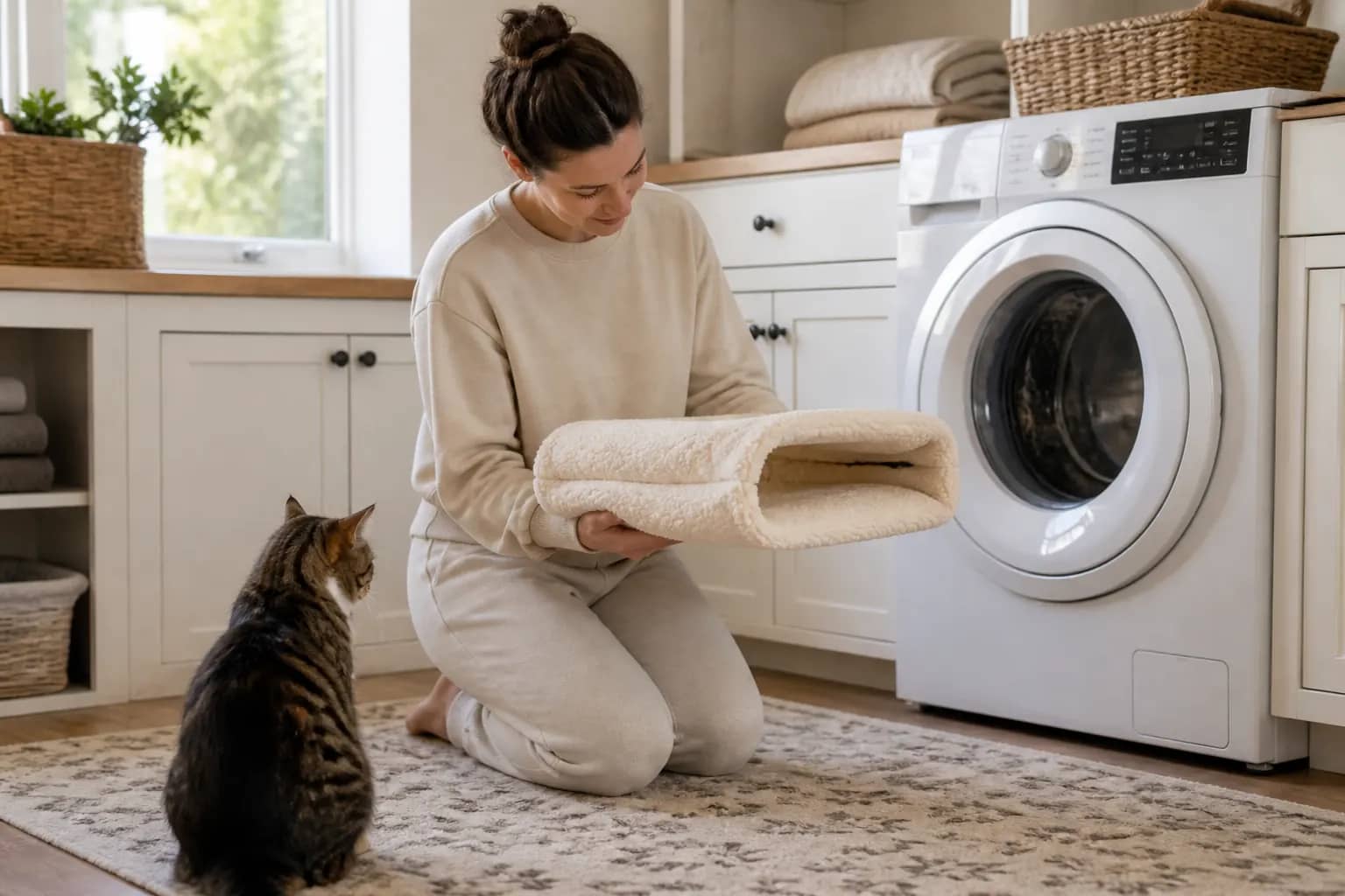 Cream throw folded for the wash with the stay-open cave visible, cat nearby