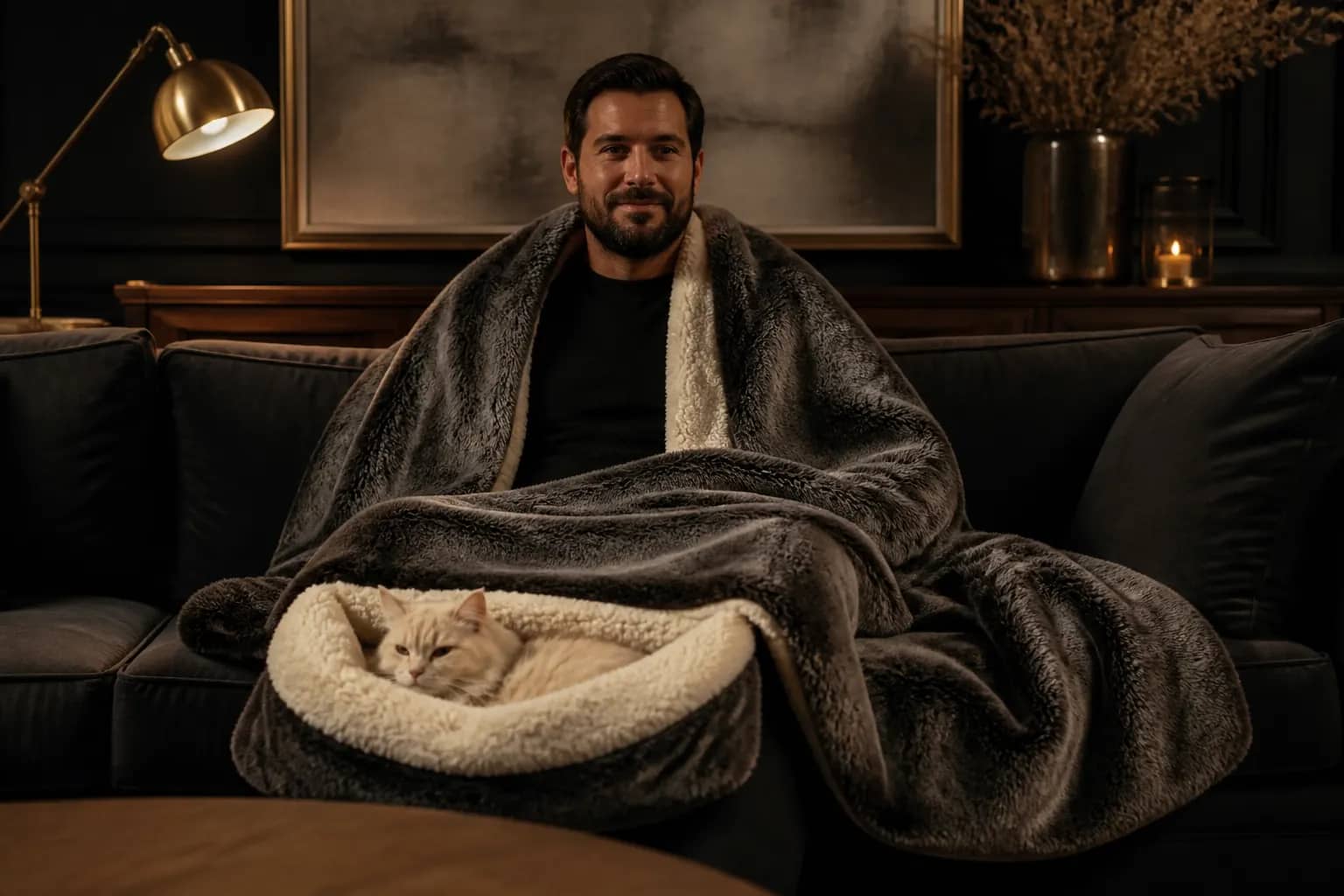 Clowder faux-fur throw in evening light, cat in the deep pouch