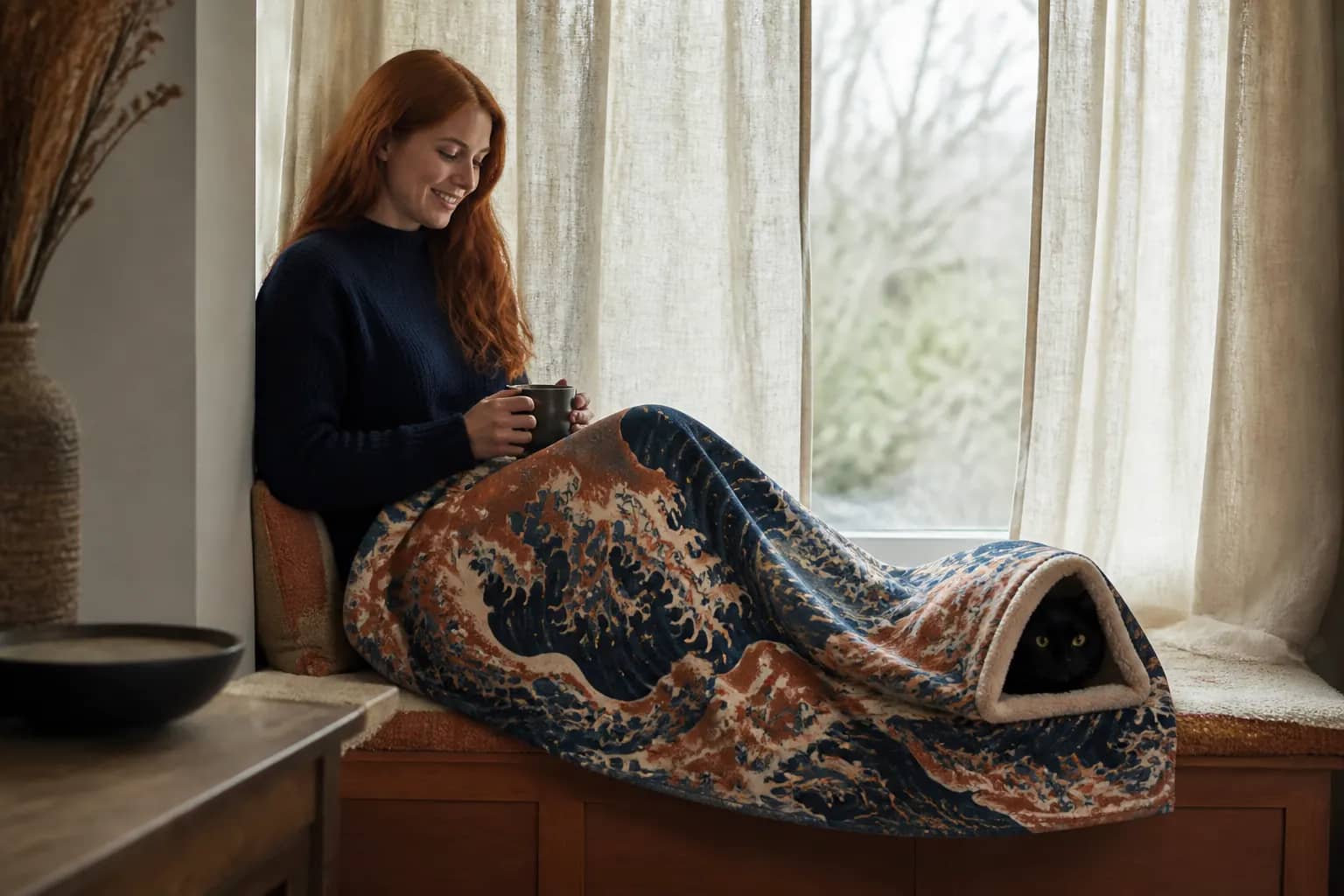 Nines wave-print throw on a window seat, cat in the pouch