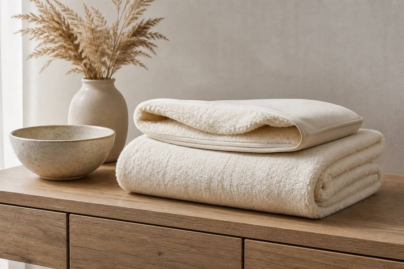 Cream Cat Covey throw folded on a console, pouch opening visible