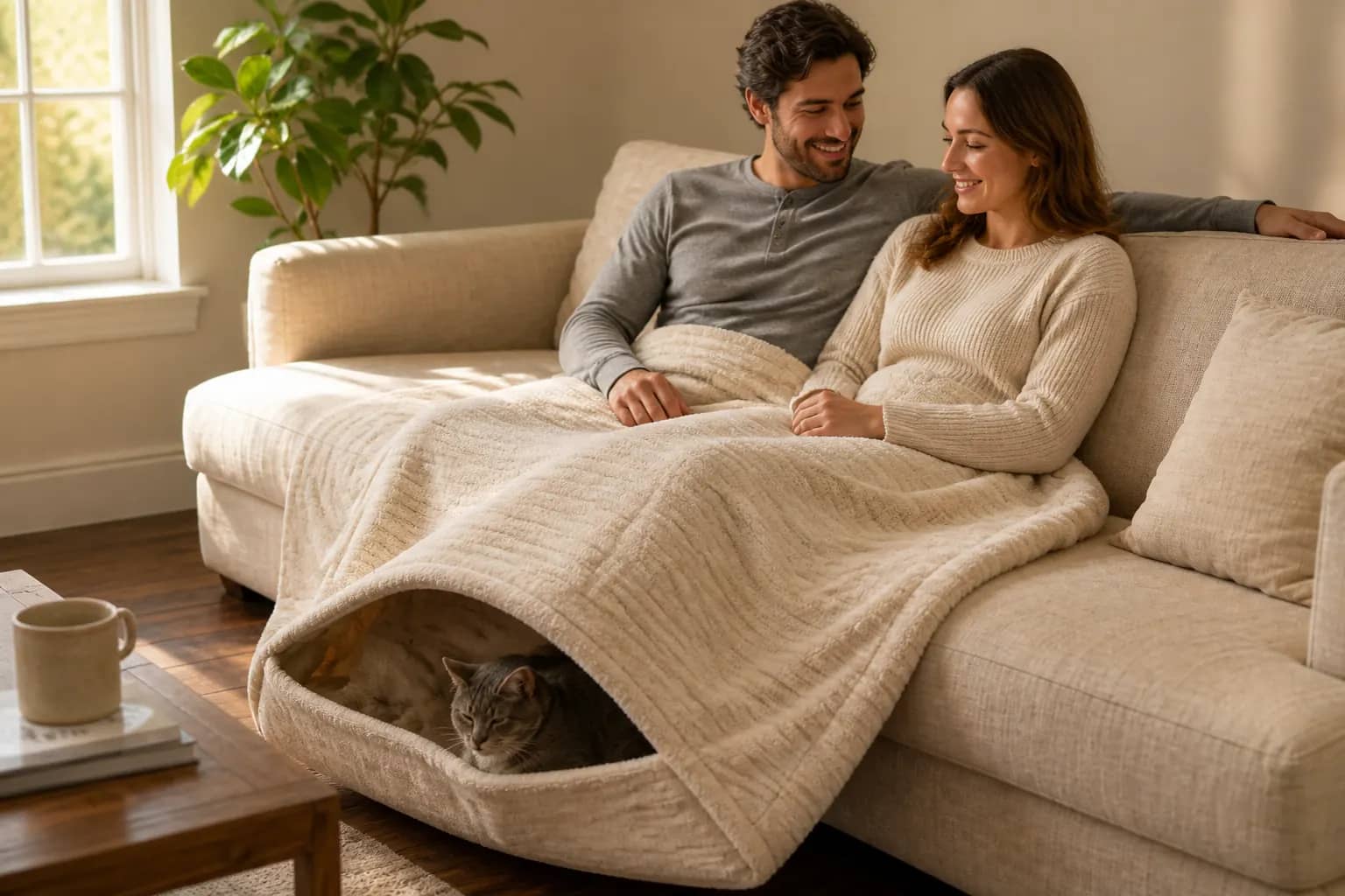 Two people on the sofa under a cream throw, a cat nested in the foot-end cave