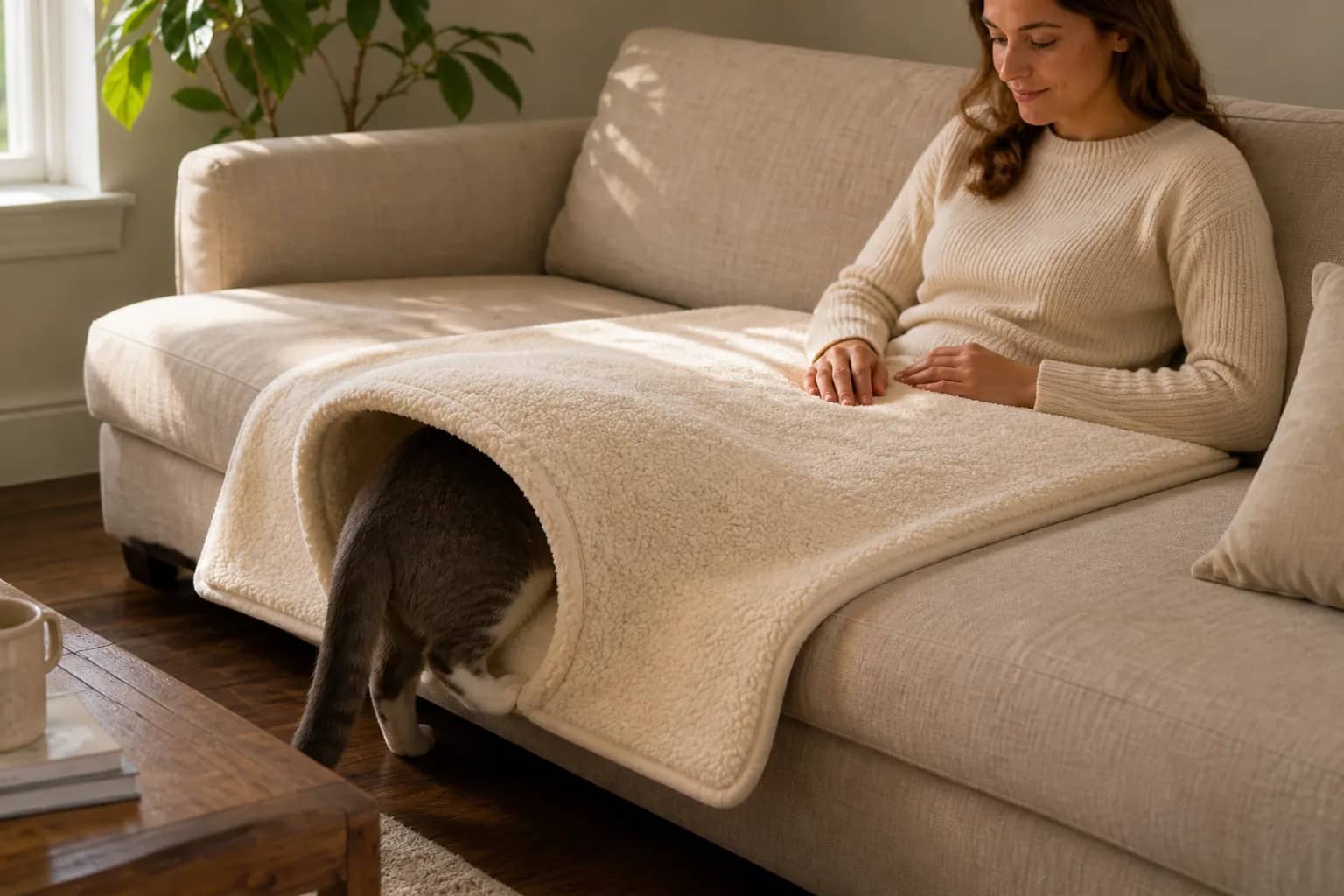 Cat Covey throw on a sofa with a cat in the foot-end cave, Atlanta, GA