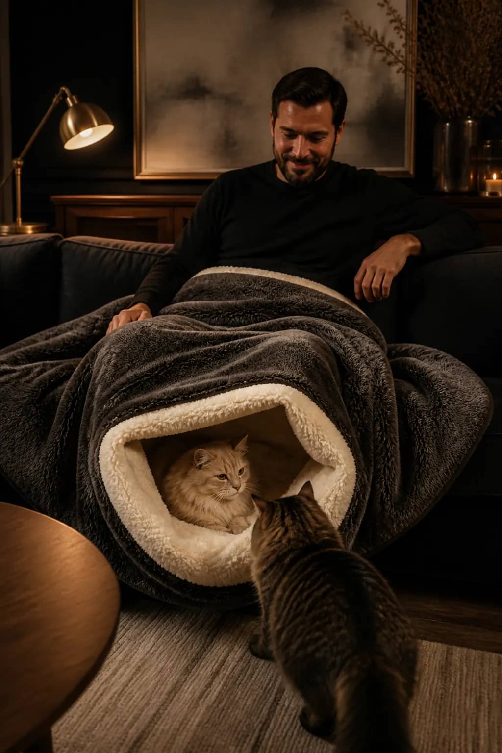 Clowder charcoal throw, two cats nested in the foot-end cave