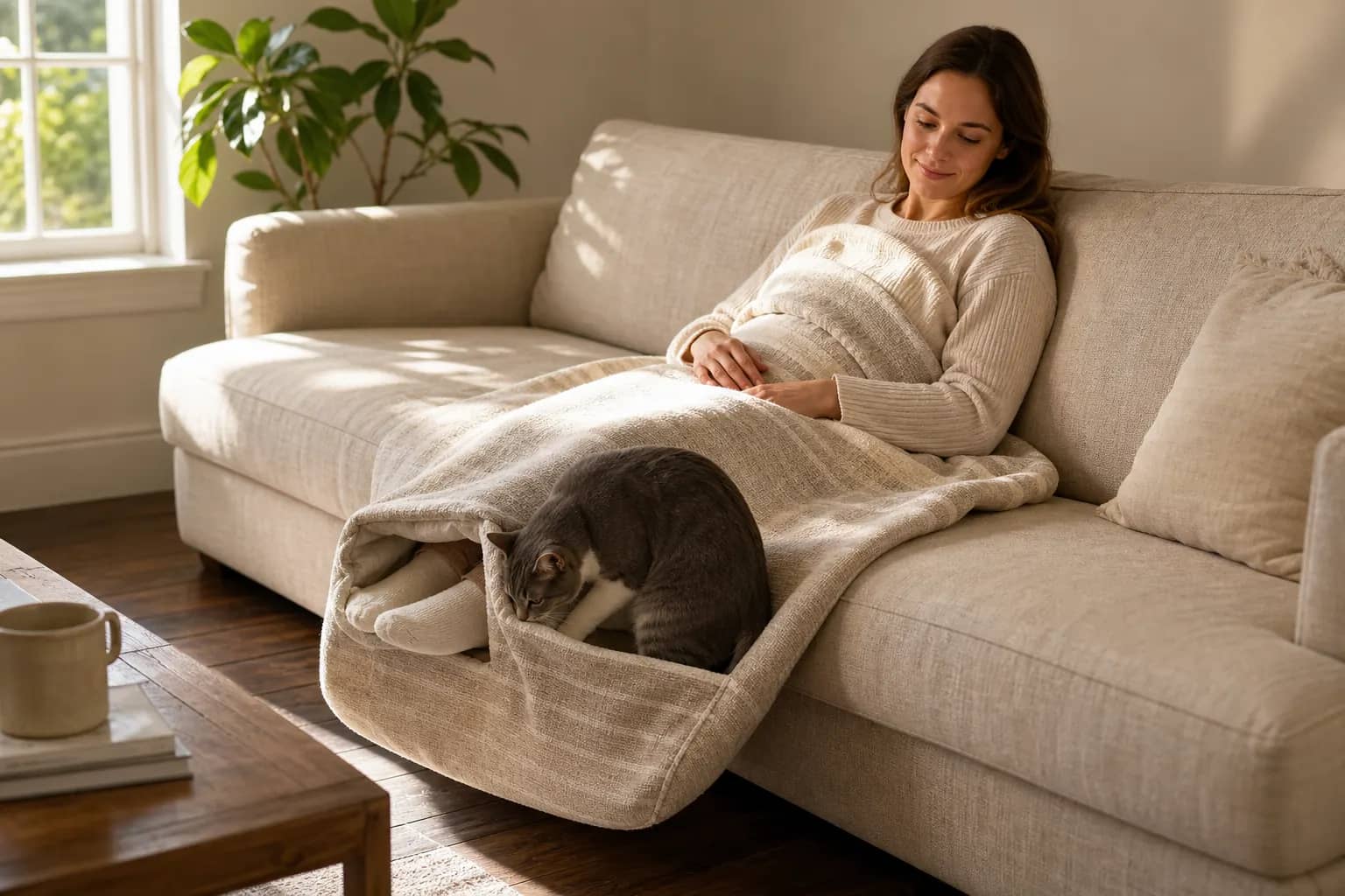 Owner on the sofa with a cat settling into the stay-open pouch at the foot of the throw