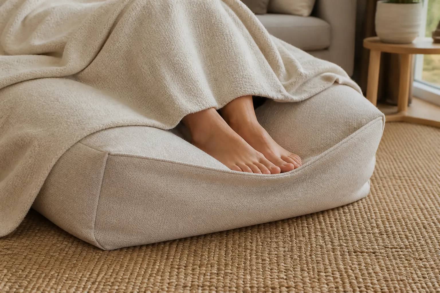 Feet covered by the throw at the gusseted pouch