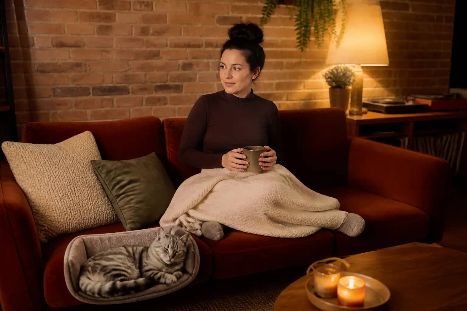 Evening on the sofa, a cat in the Cat Covey foot-end cave — why cats seek heat