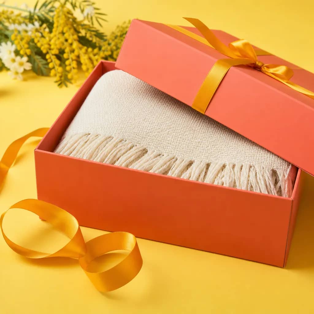 Gift box with a throw and saffron ribbon