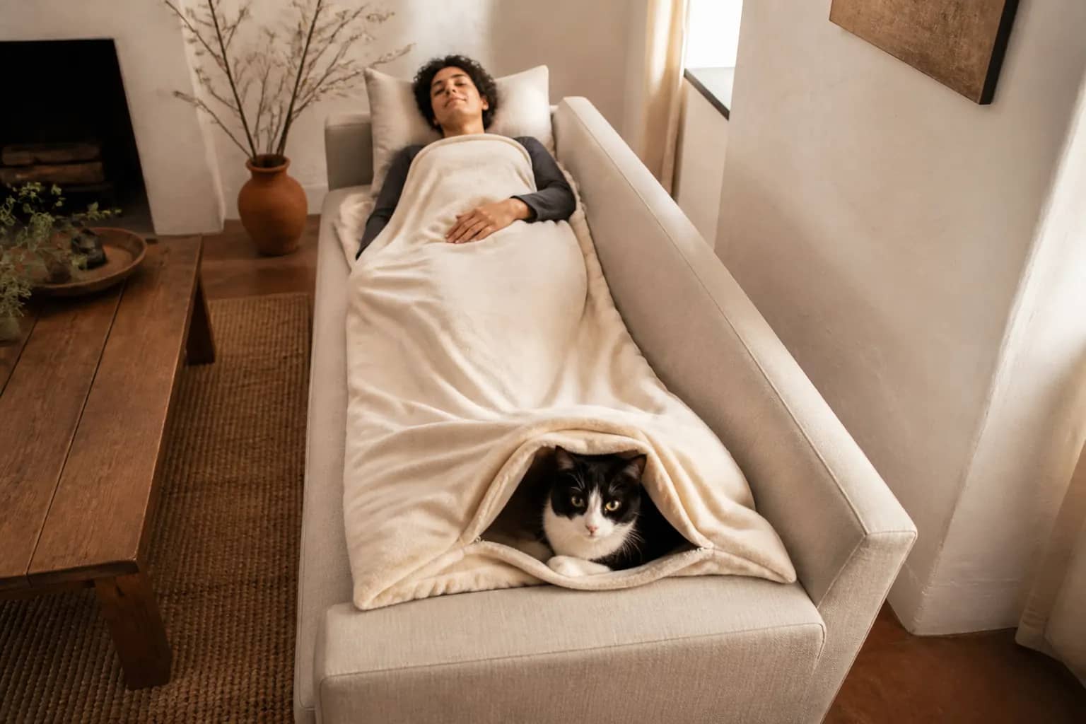 Owner on the sofa with a cat nested in the stay-open pouch at the foot of the throw