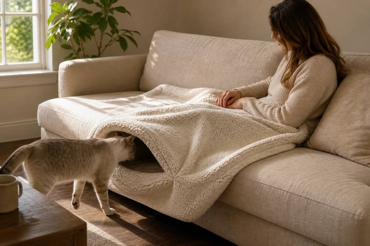 Cream throw on the sofa, a cat nested in the stay-open cave at the foot end
