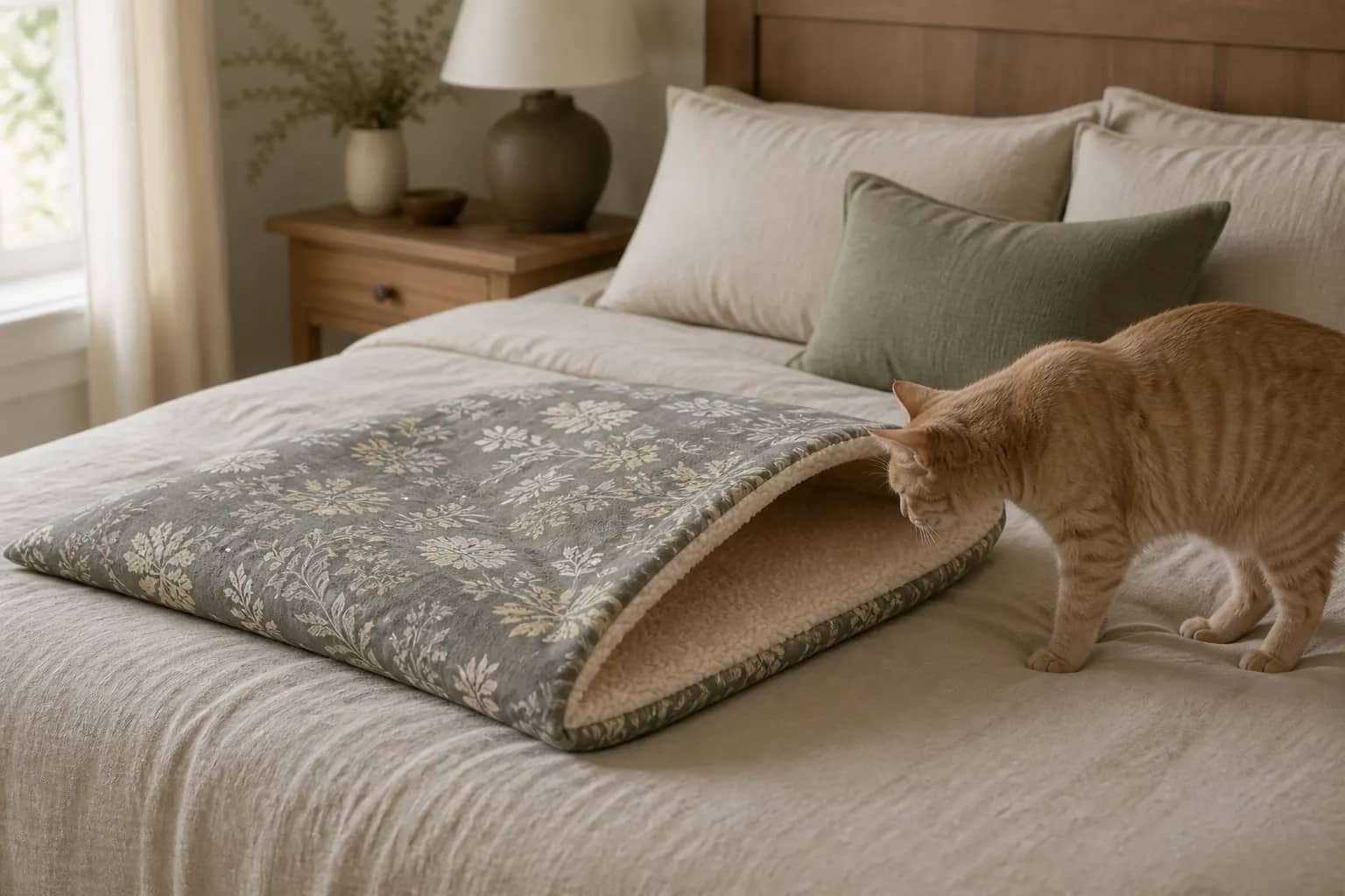Print throw on the bed, a cat nested in the cave at the foot end