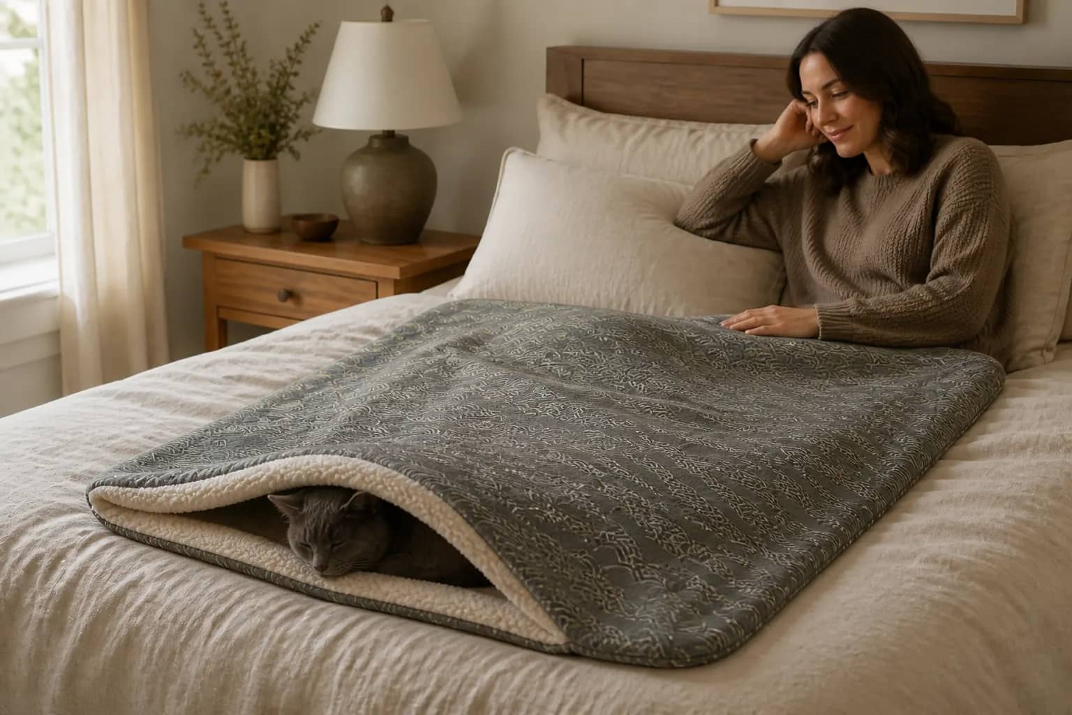 Nines print throw on the bed, a cat nested in the cave at the foot end