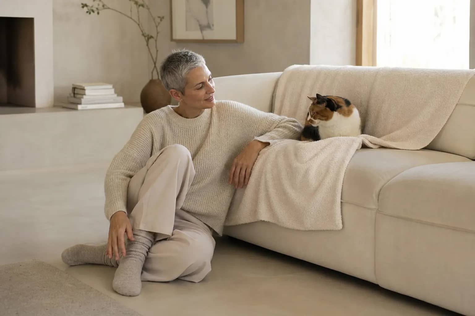 Owner beside the sofa with a cat nested in the foot-end pouch
