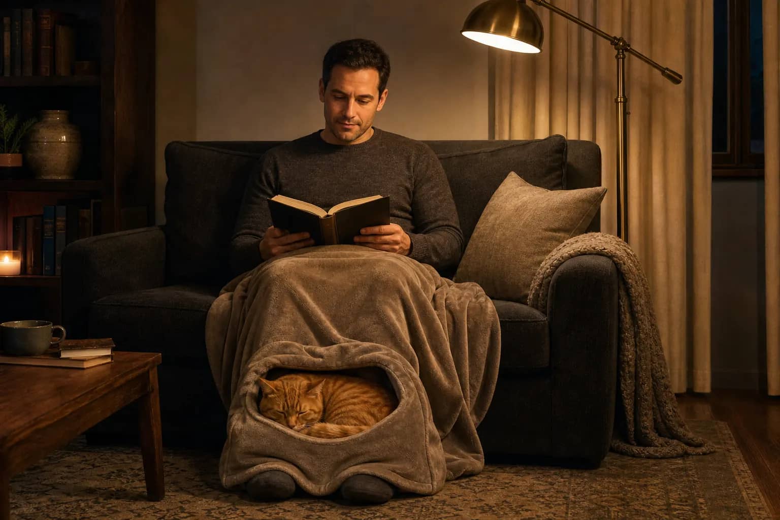 Owner reading on the sofa with a cat nested in the stay-open pouch