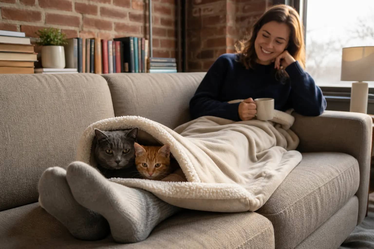 Two cats sharing the Cat Covey cave at the foot of the throw — gift guides