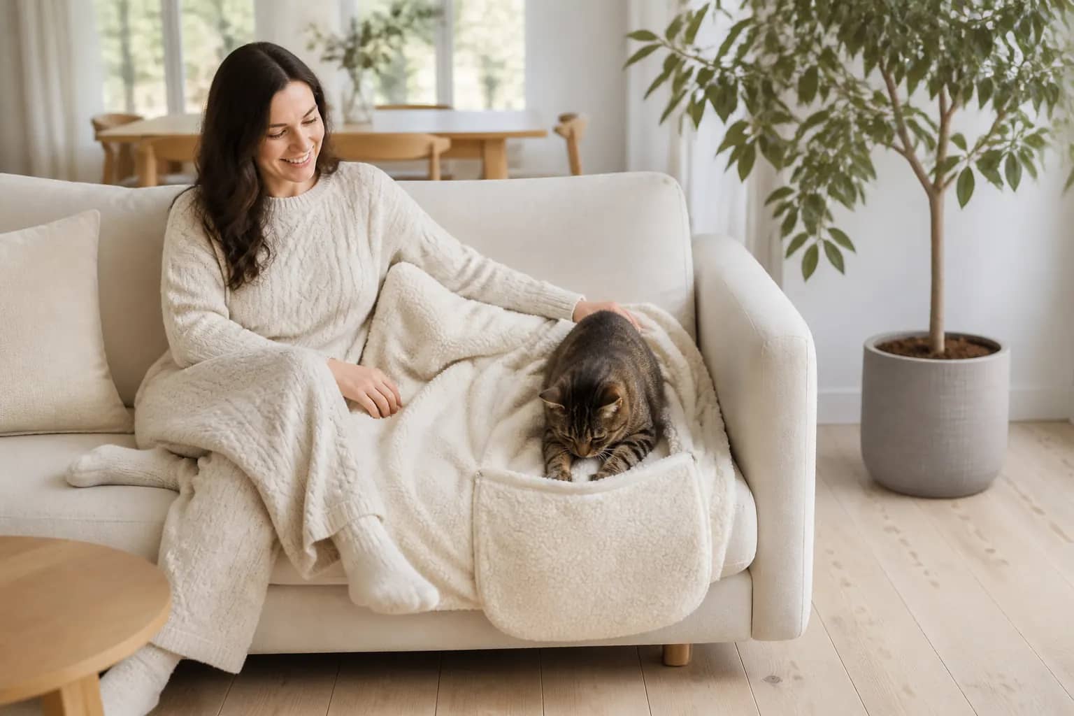 Purrch fleece throw, cat kneading the stay-open cave — Purrch