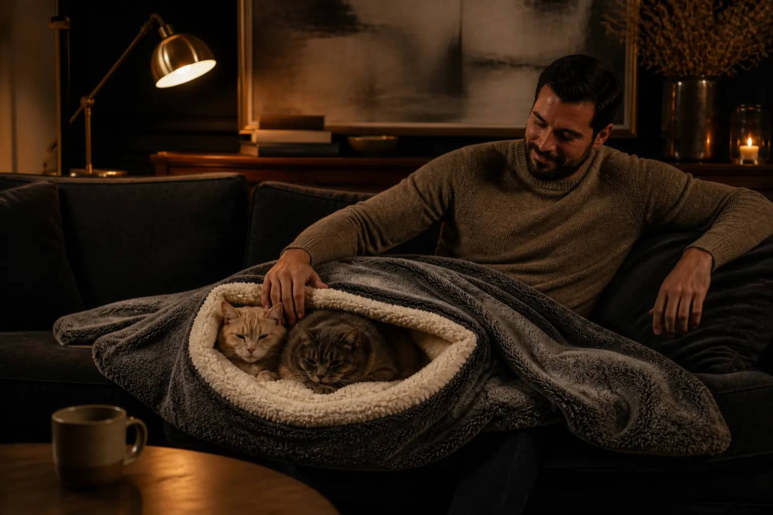 Clowder charcoal throw on a sofa, two cats in the foot-end cave — Clowder
